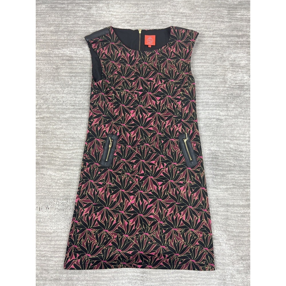 Tracy Negoshian Dress Womens‎ Small Black Floral Shift Faux Leather Zip Pocket